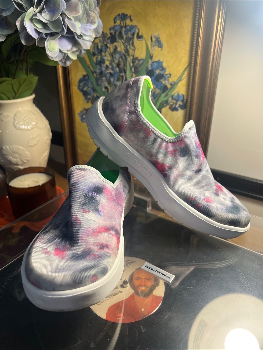 OOFOS Slip-On Athletic Shoes in Tie-Dye Pink, Gray & Neon Green